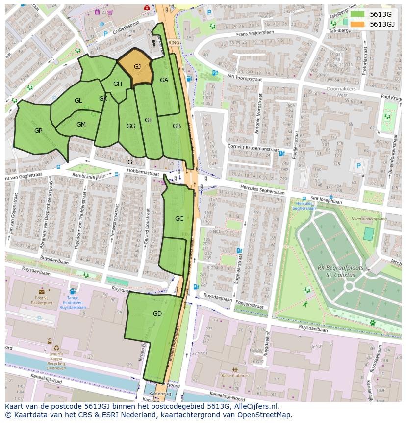 Afbeelding van het postcodegebied 5613 GJ op de kaart.