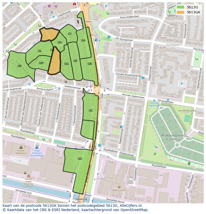 Afbeelding van het postcodegebied 5613 GK op de kaart.