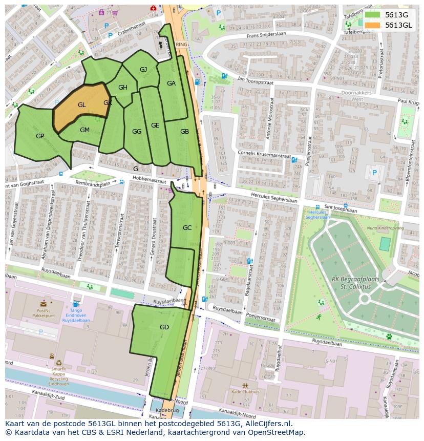 Afbeelding van het postcodegebied 5613 GL op de kaart.