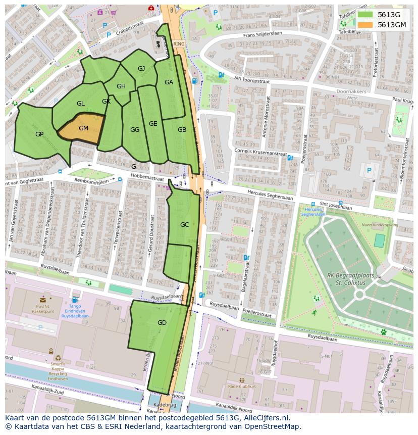 Afbeelding van het postcodegebied 5613 GM op de kaart.