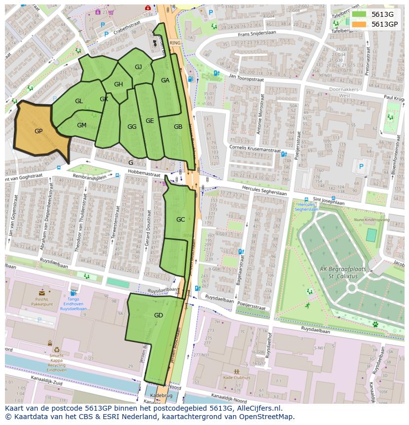 Afbeelding van het postcodegebied 5613 GP op de kaart.