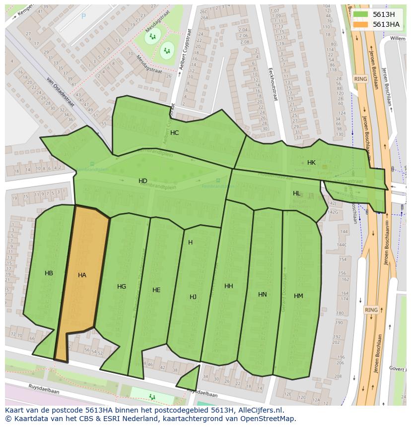 Afbeelding van het postcodegebied 5613 HA op de kaart.