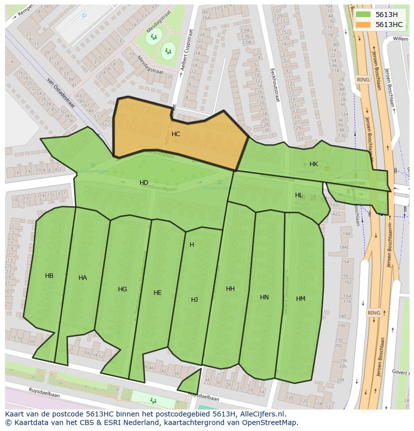 Afbeelding van het postcodegebied 5613 HC op de kaart.