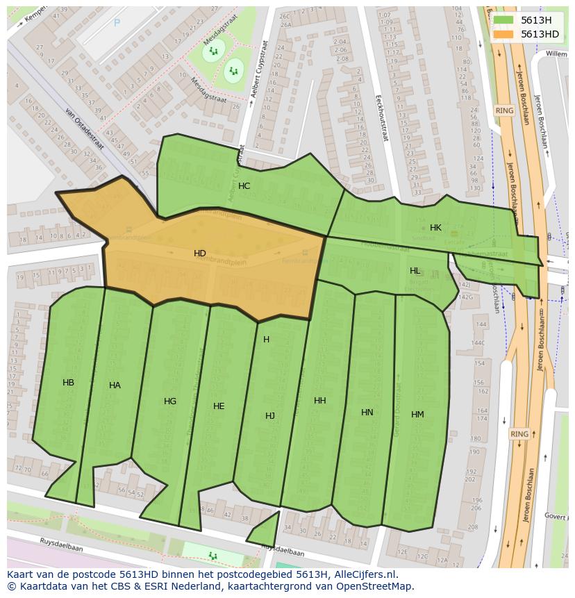 Afbeelding van het postcodegebied 5613 HD op de kaart.