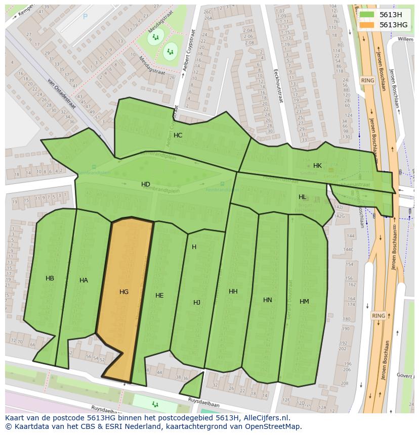 Afbeelding van het postcodegebied 5613 HG op de kaart.