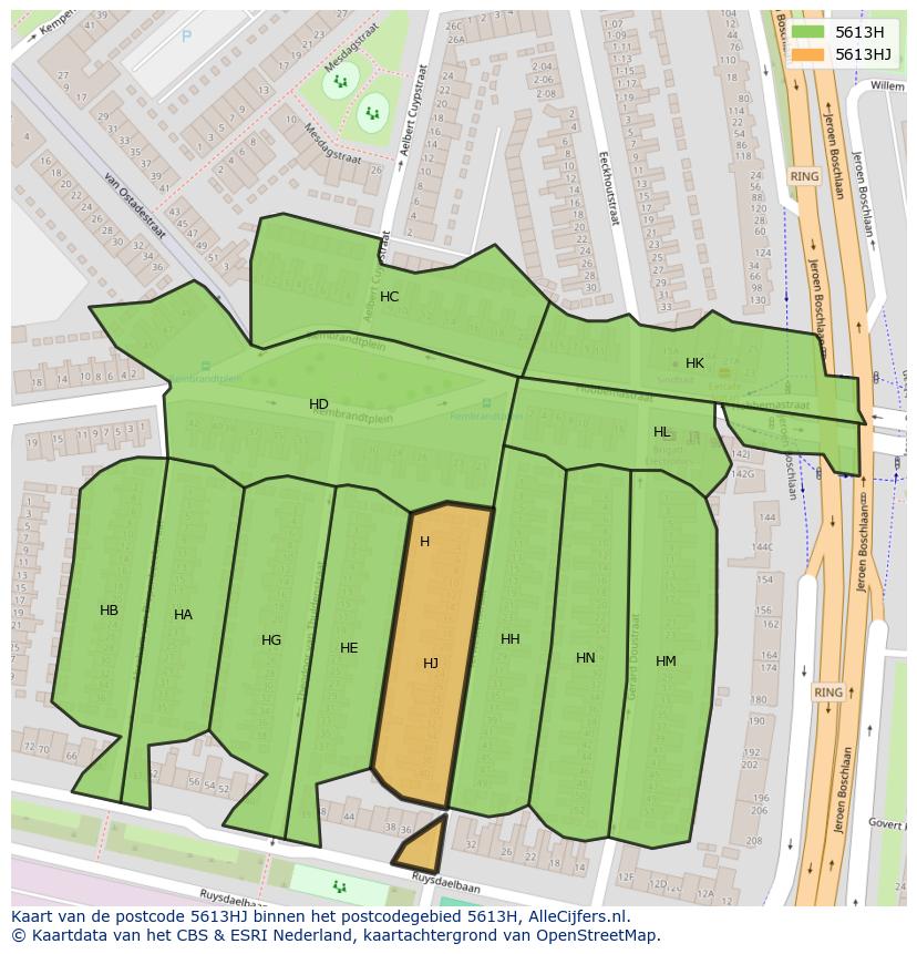 Afbeelding van het postcodegebied 5613 HJ op de kaart.