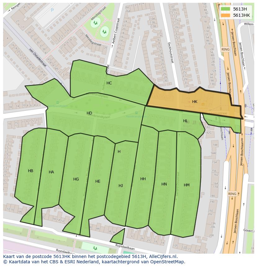 Afbeelding van het postcodegebied 5613 HK op de kaart.