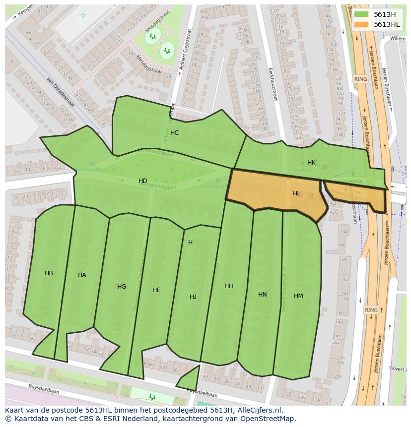 Afbeelding van het postcodegebied 5613 HL op de kaart.