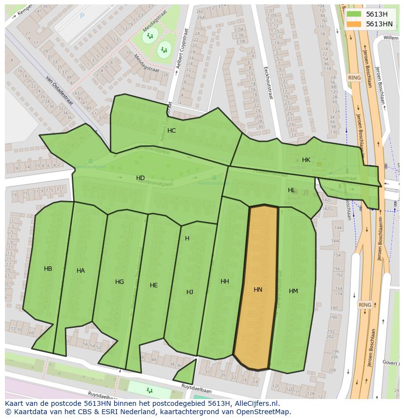 Afbeelding van het postcodegebied 5613 HN op de kaart.
