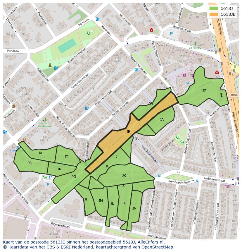 Afbeelding van het postcodegebied 5613 JE op de kaart.