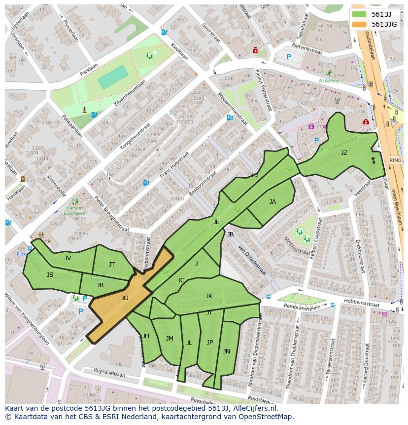 Afbeelding van het postcodegebied 5613 JG op de kaart.