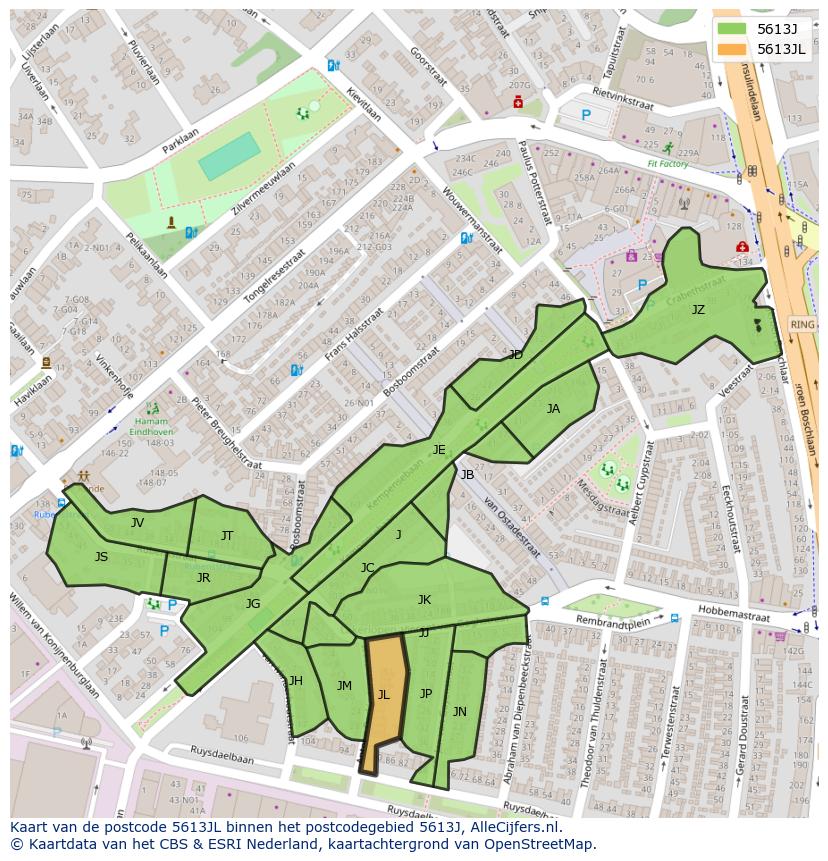 Afbeelding van het postcodegebied 5613 JL op de kaart.