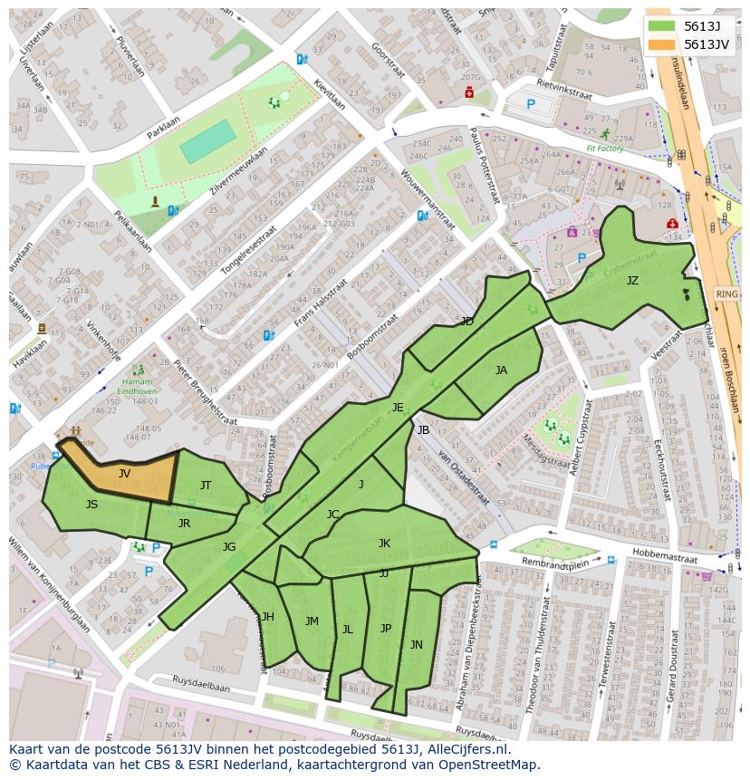 Afbeelding van het postcodegebied 5613 JV op de kaart.