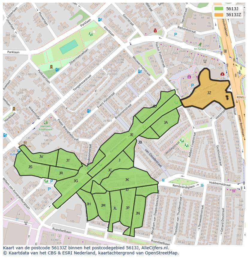 Afbeelding van het postcodegebied 5613 JZ op de kaart.