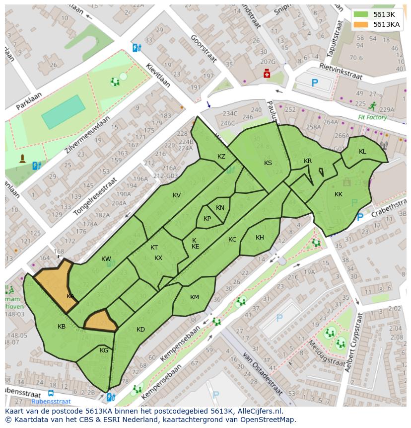 Afbeelding van het postcodegebied 5613 KA op de kaart.