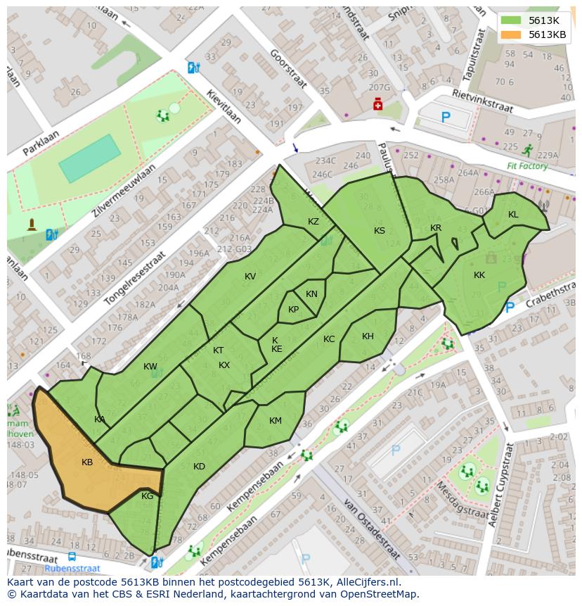 Afbeelding van het postcodegebied 5613 KB op de kaart.