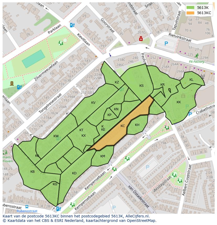 Afbeelding van het postcodegebied 5613 KC op de kaart.
