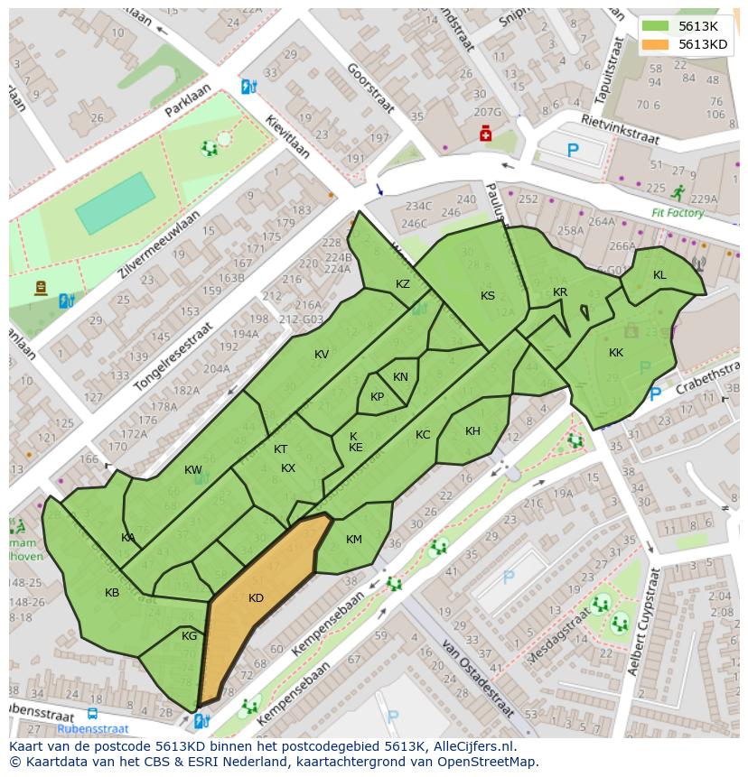 Afbeelding van het postcodegebied 5613 KD op de kaart.
