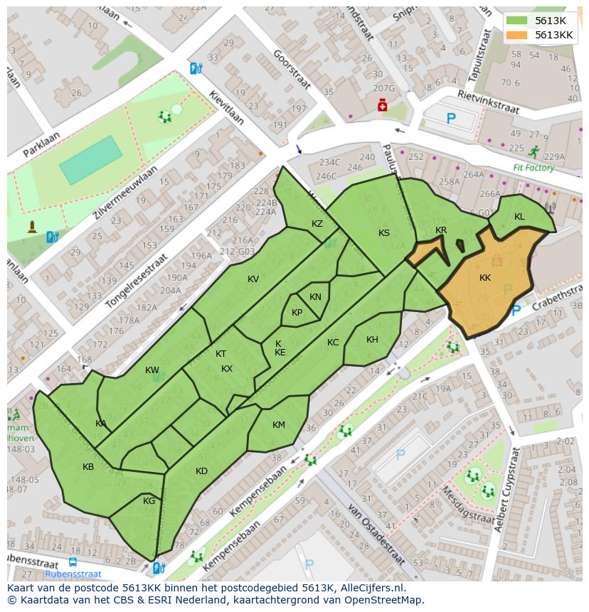 Afbeelding van het postcodegebied 5613 KK op de kaart.