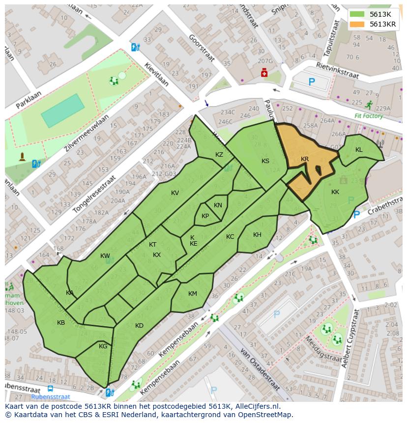 Afbeelding van het postcodegebied 5613 KR op de kaart.