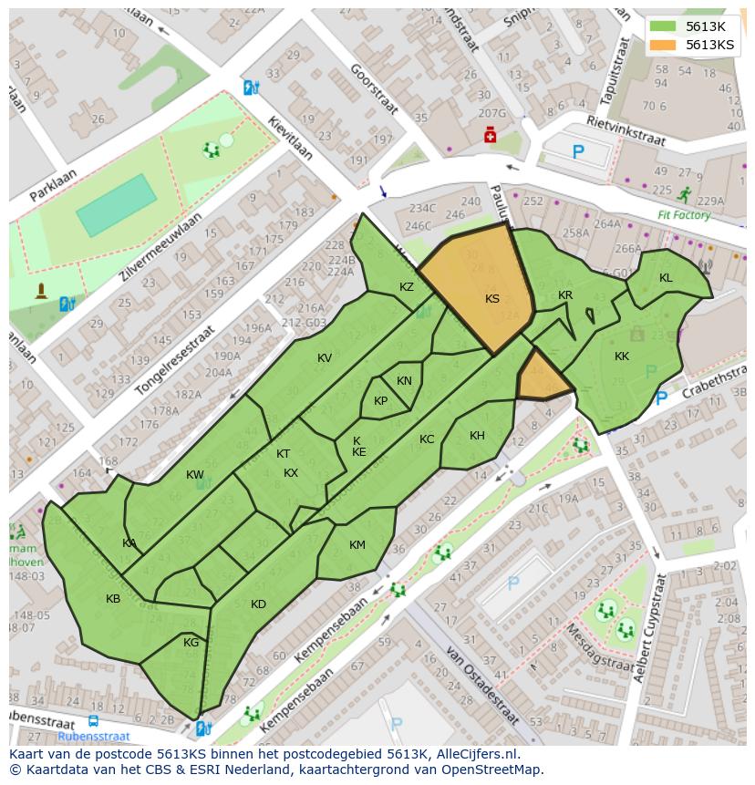 Afbeelding van het postcodegebied 5613 KS op de kaart.