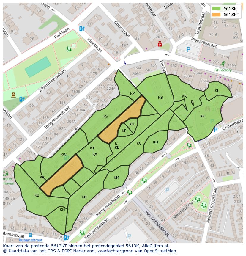 Afbeelding van het postcodegebied 5613 KT op de kaart.
