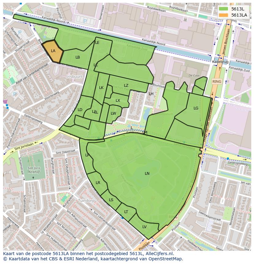 Afbeelding van het postcodegebied 5613 LA op de kaart.