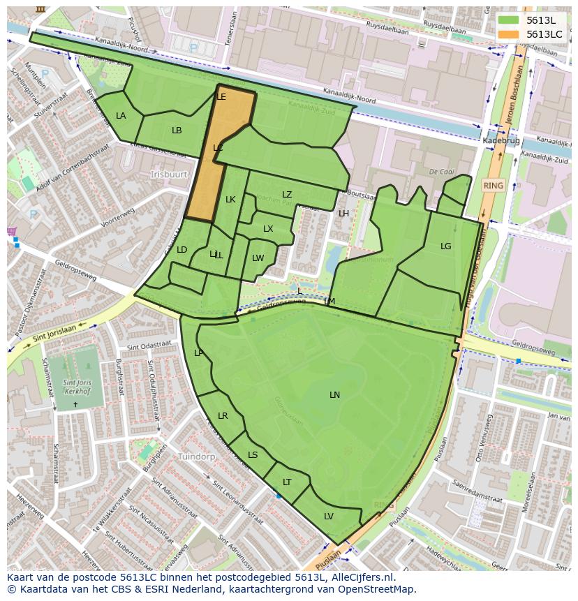 Afbeelding van het postcodegebied 5613 LC op de kaart.