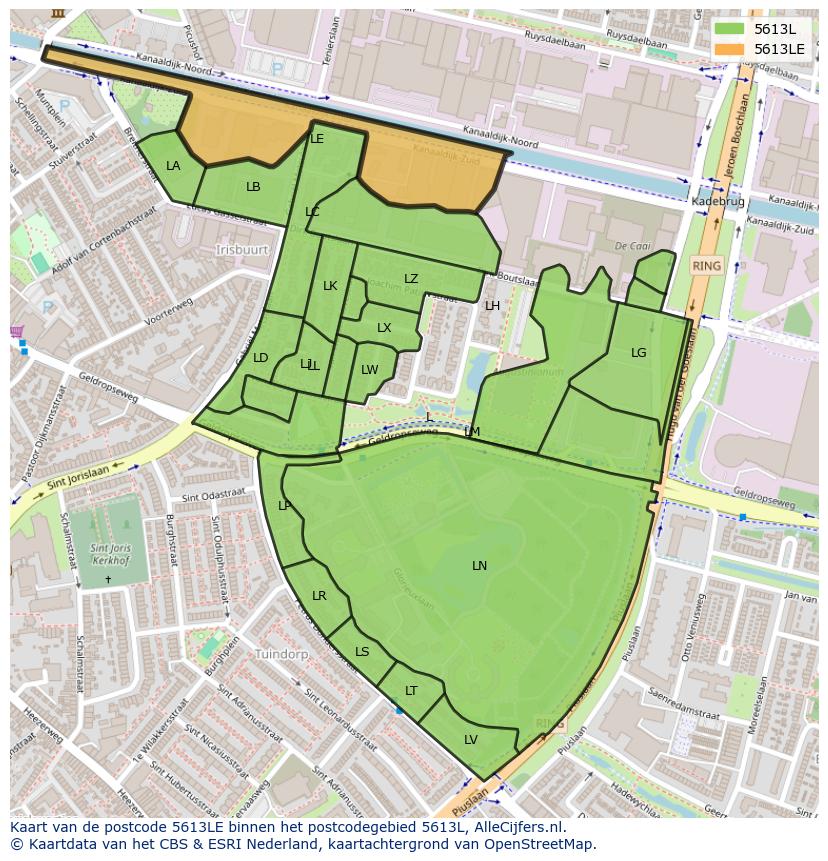 Afbeelding van het postcodegebied 5613 LE op de kaart.
