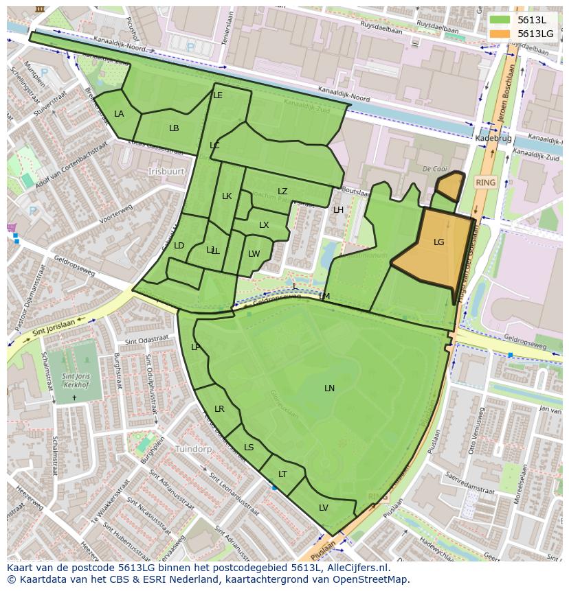 Afbeelding van het postcodegebied 5613 LG op de kaart.