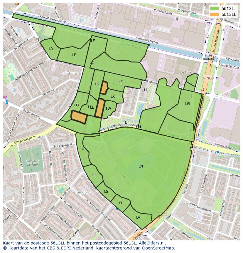 Afbeelding van het postcodegebied 5613 LL op de kaart.