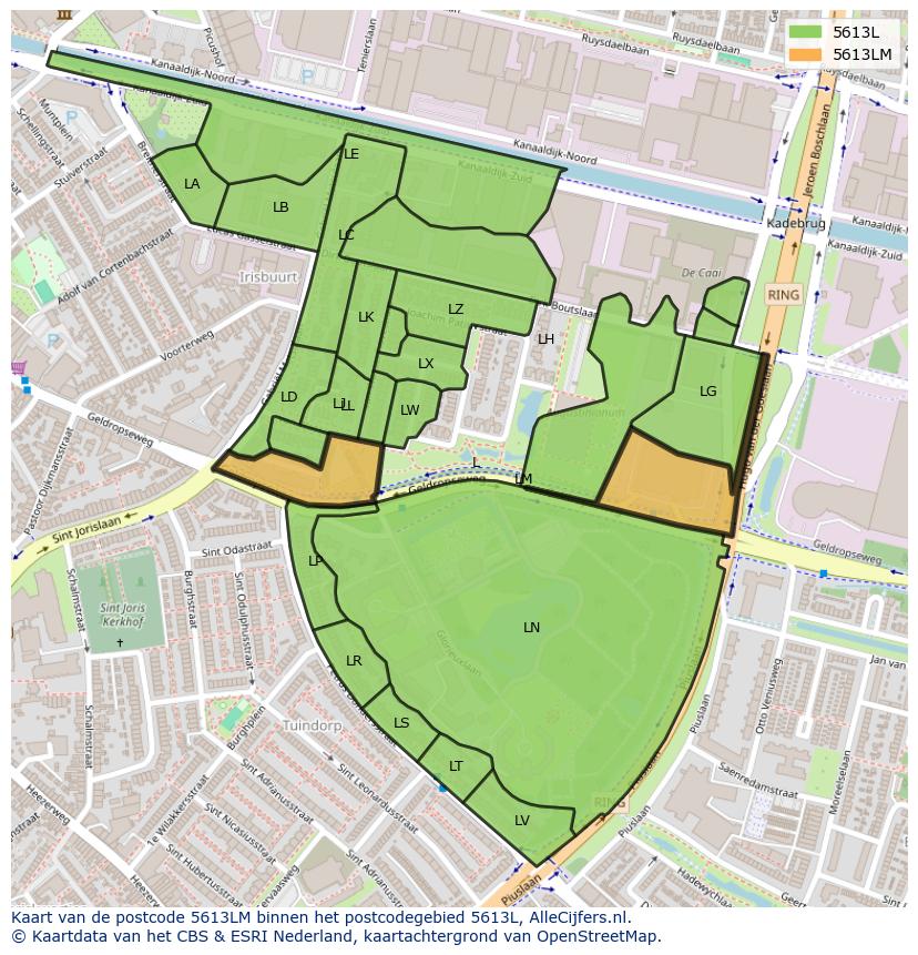 Afbeelding van het postcodegebied 5613 LM op de kaart.