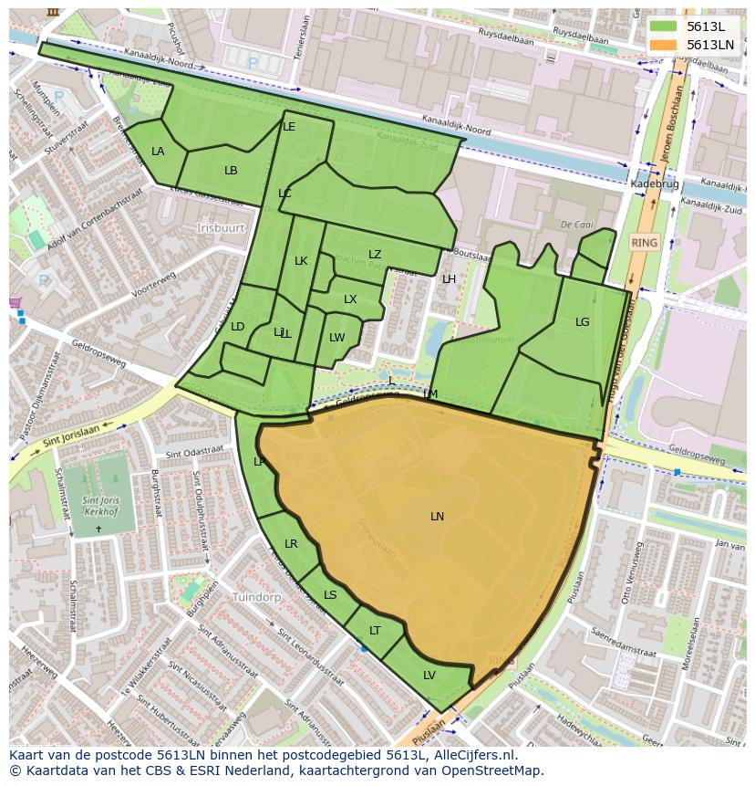 Afbeelding van het postcodegebied 5613 LN op de kaart.