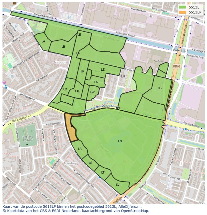 Afbeelding van het postcodegebied 5613 LP op de kaart.