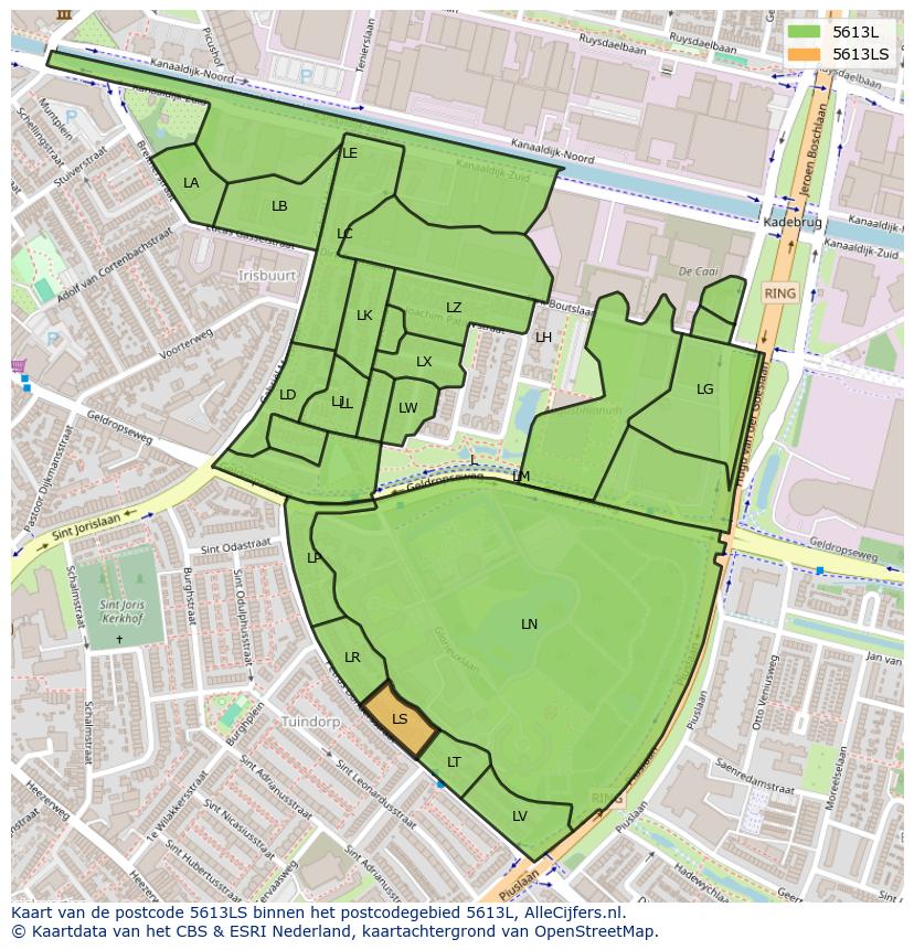 Afbeelding van het postcodegebied 5613 LS op de kaart.