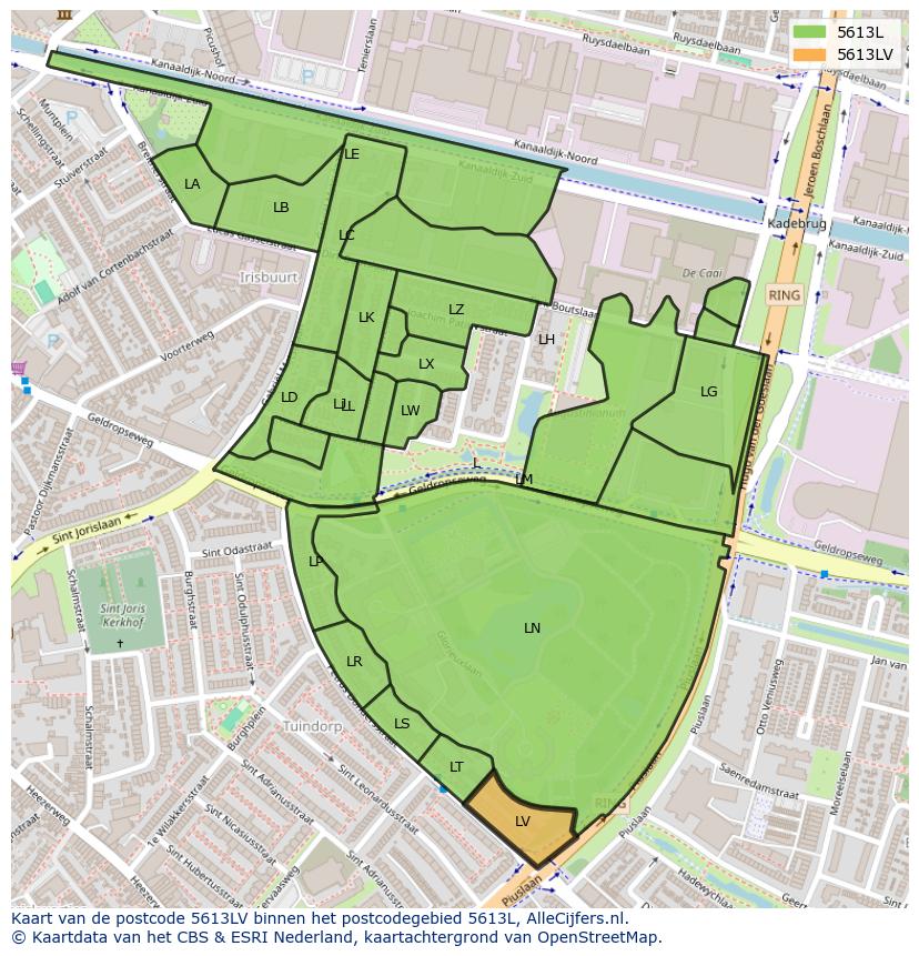Afbeelding van het postcodegebied 5613 LV op de kaart.