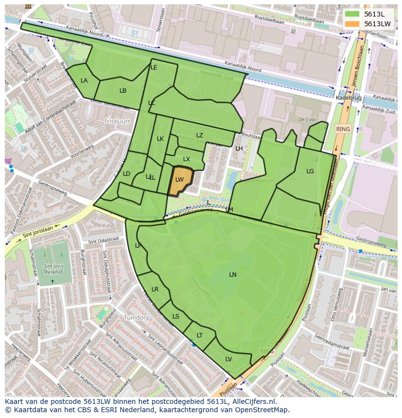 Afbeelding van het postcodegebied 5613 LW op de kaart.