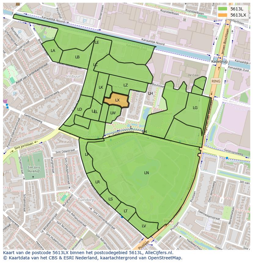 Afbeelding van het postcodegebied 5613 LX op de kaart.