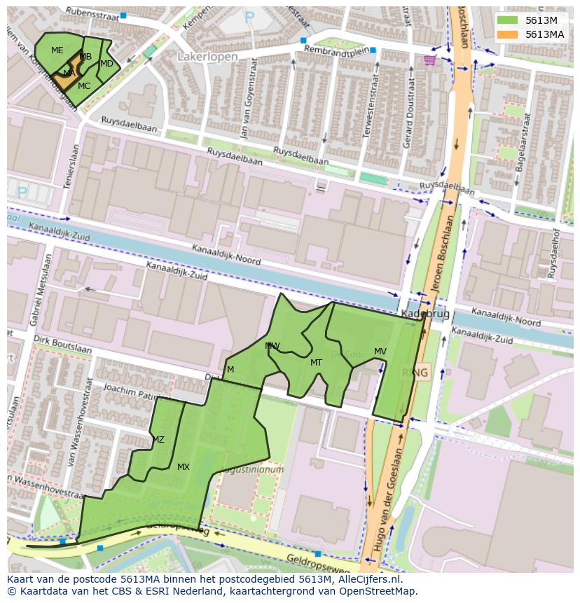 Afbeelding van het postcodegebied 5613 MA op de kaart.