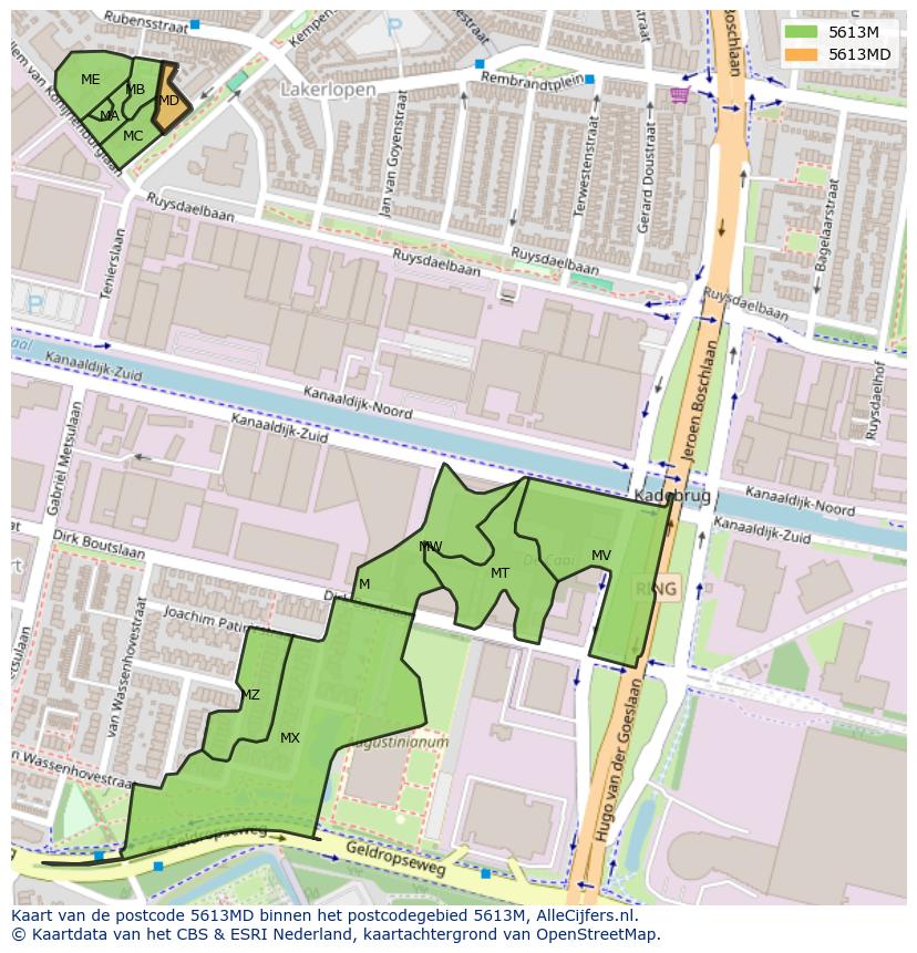 Afbeelding van het postcodegebied 5613 MD op de kaart.