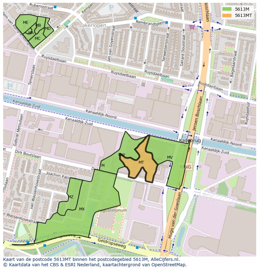 Afbeelding van het postcodegebied 5613 MT op de kaart.