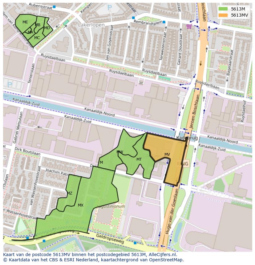 Afbeelding van het postcodegebied 5613 MV op de kaart.