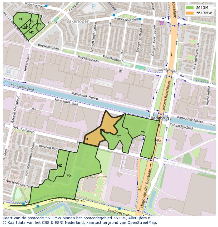 Afbeelding van het postcodegebied 5613 MW op de kaart.