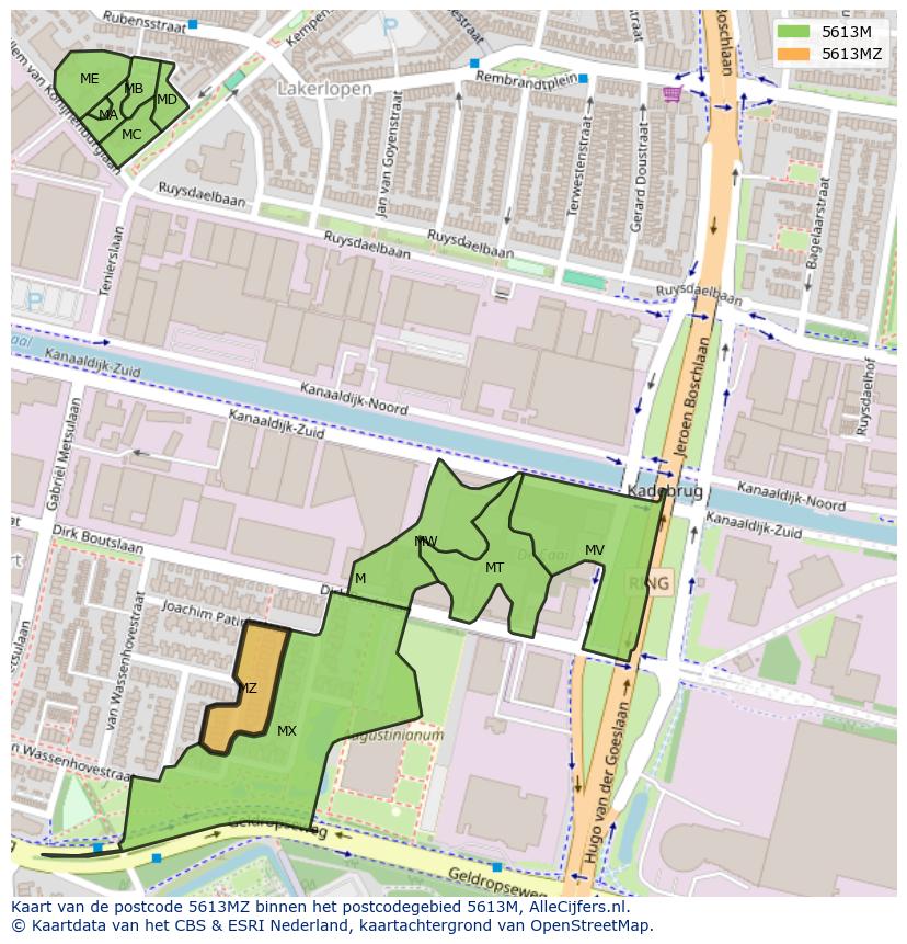 Afbeelding van het postcodegebied 5613 MZ op de kaart.