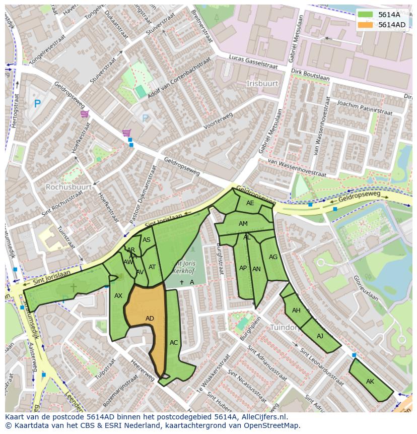Afbeelding van het postcodegebied 5614 AD op de kaart.