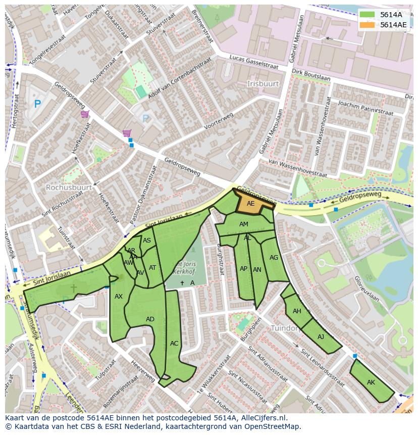 Afbeelding van het postcodegebied 5614 AE op de kaart.