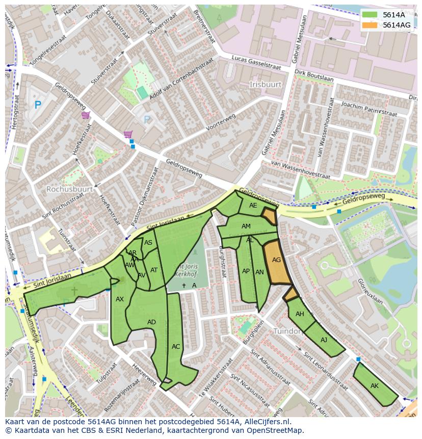 Afbeelding van het postcodegebied 5614 AG op de kaart.