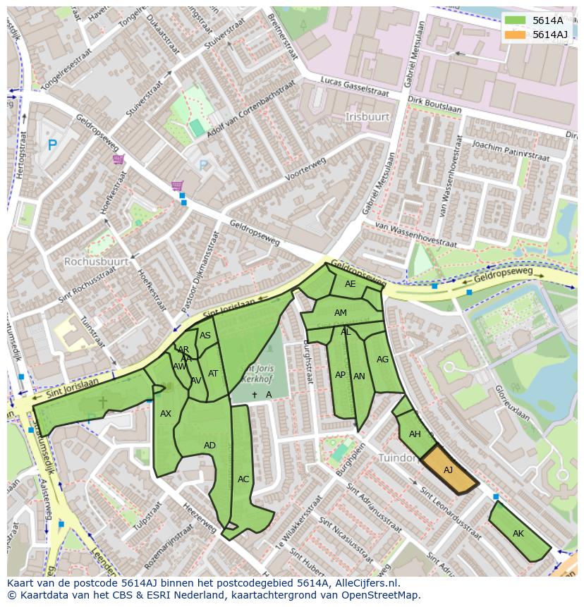 Afbeelding van het postcodegebied 5614 AJ op de kaart.
