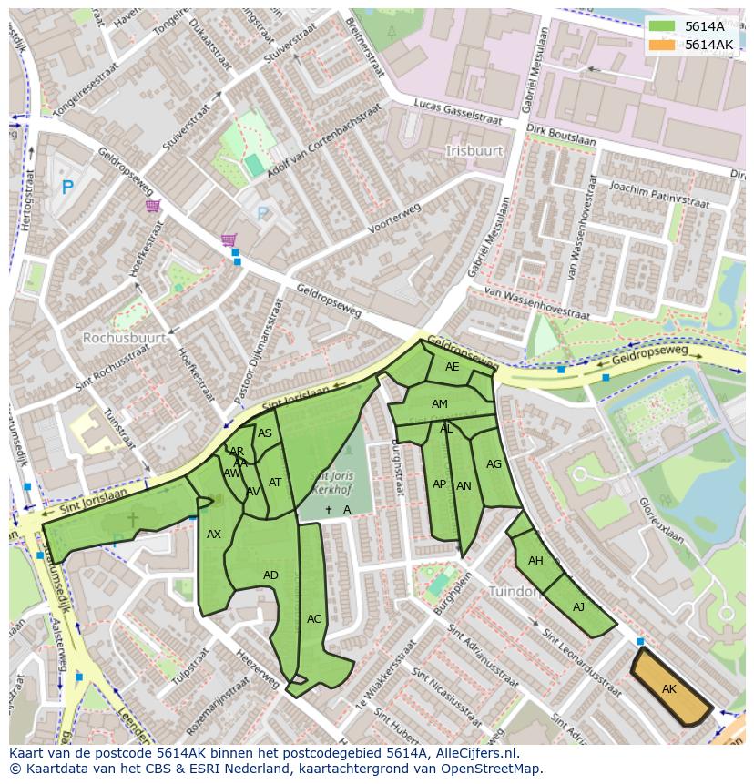Afbeelding van het postcodegebied 5614 AK op de kaart.
