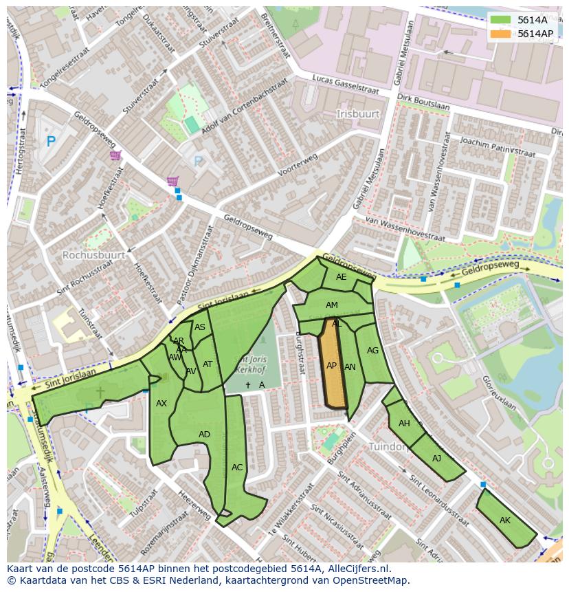 Afbeelding van het postcodegebied 5614 AP op de kaart.
